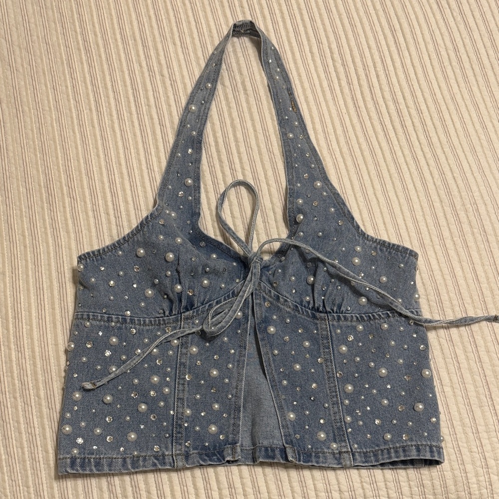 Denim Halter Crop Top with Pearl Embellishments - Blue